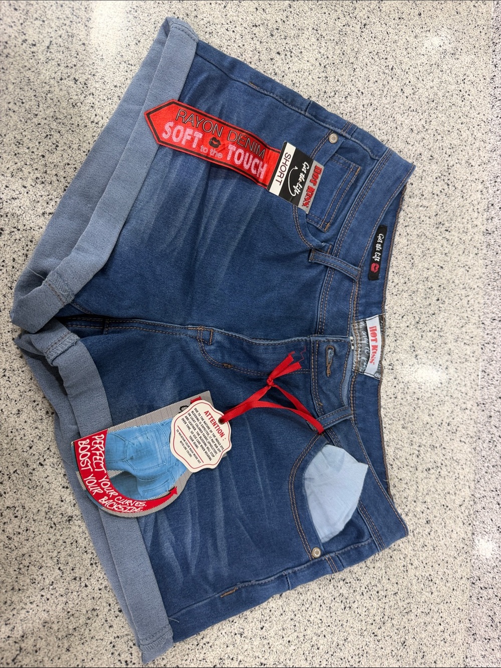 Hot Kiss Women's Blue Rolled-Hem Jean Shorts with Red Drawstring